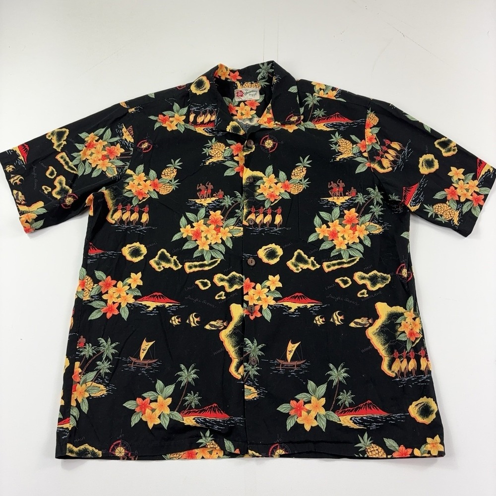 Hilo Hattie Shirt Mens XL Black Floral Hawaiian Short Sleeve Button Up Cotton